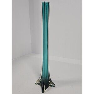Vintage MCM Teal Cased Art Glass Bud Vase 15 5/8" Star Base